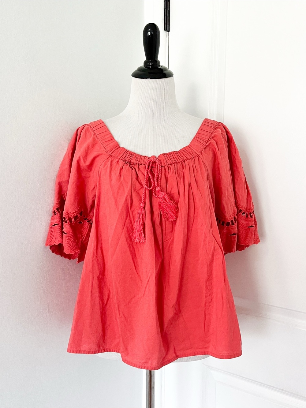 dylan Coral Embroidered Peasant Blouse with Tassel Tie - Small